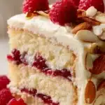 Delicious White Chocolate Almond Raspberry Cake with rich toppings and garnishes