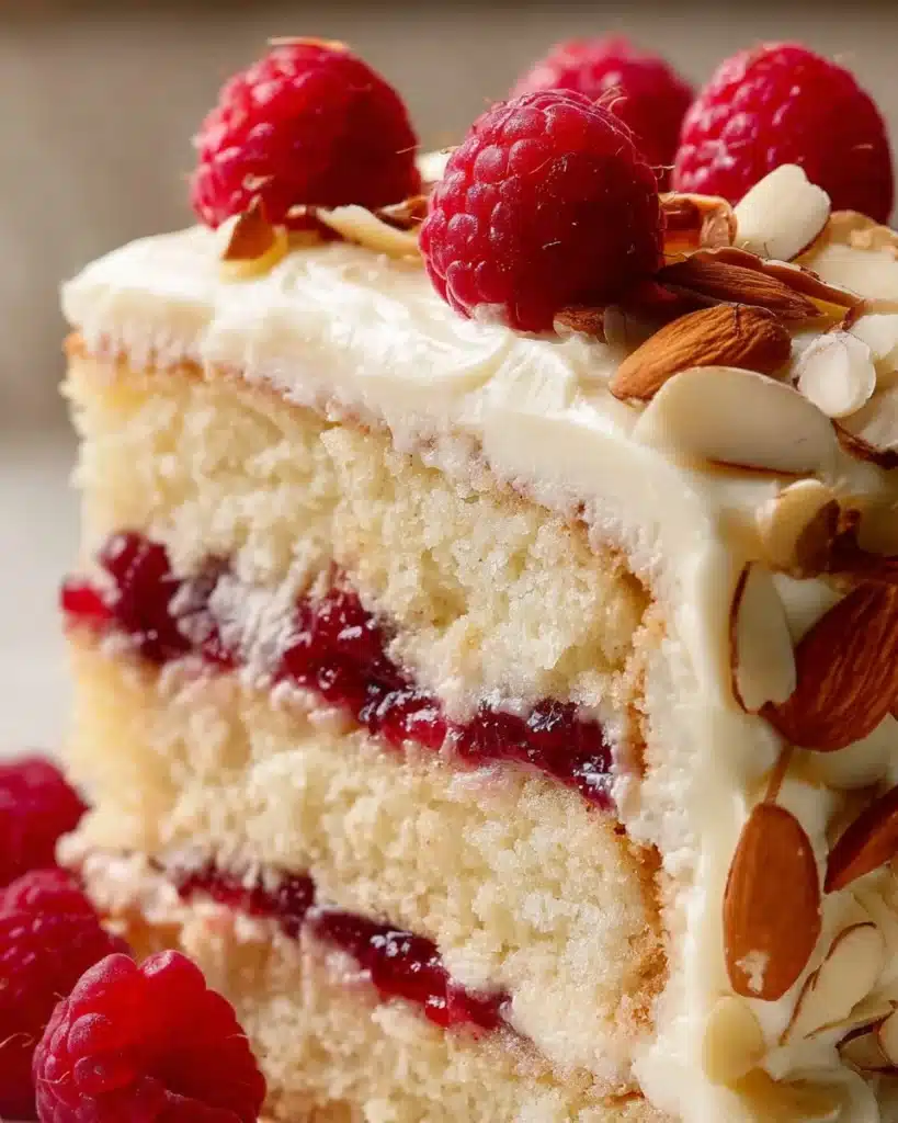 Delicious White Chocolate Almond Raspberry Cake with rich toppings and garnishes
