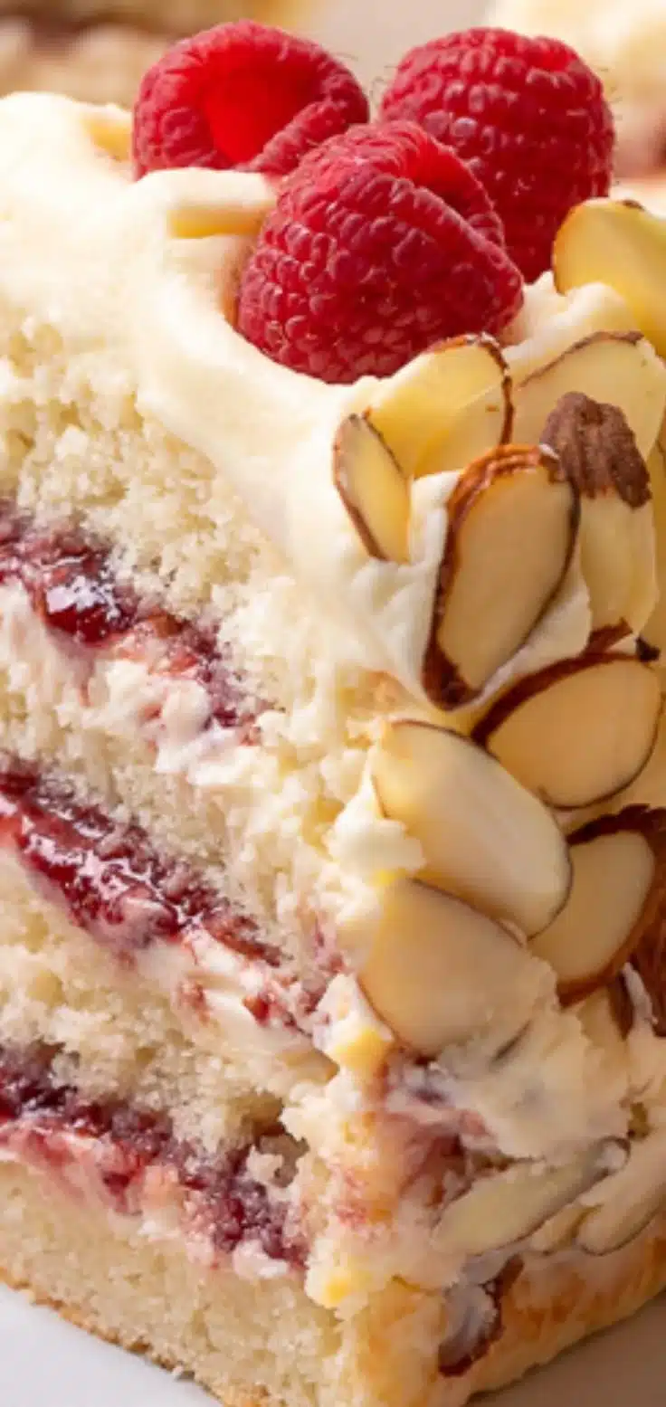 White Chocolate Almond Raspberry Cake ~ A showstopper... This cake is decadently sweet!
